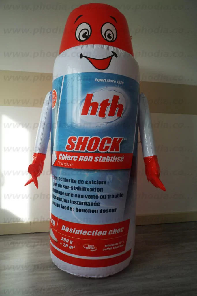 bouteille gonflable poudre shock avec des bras et une tête