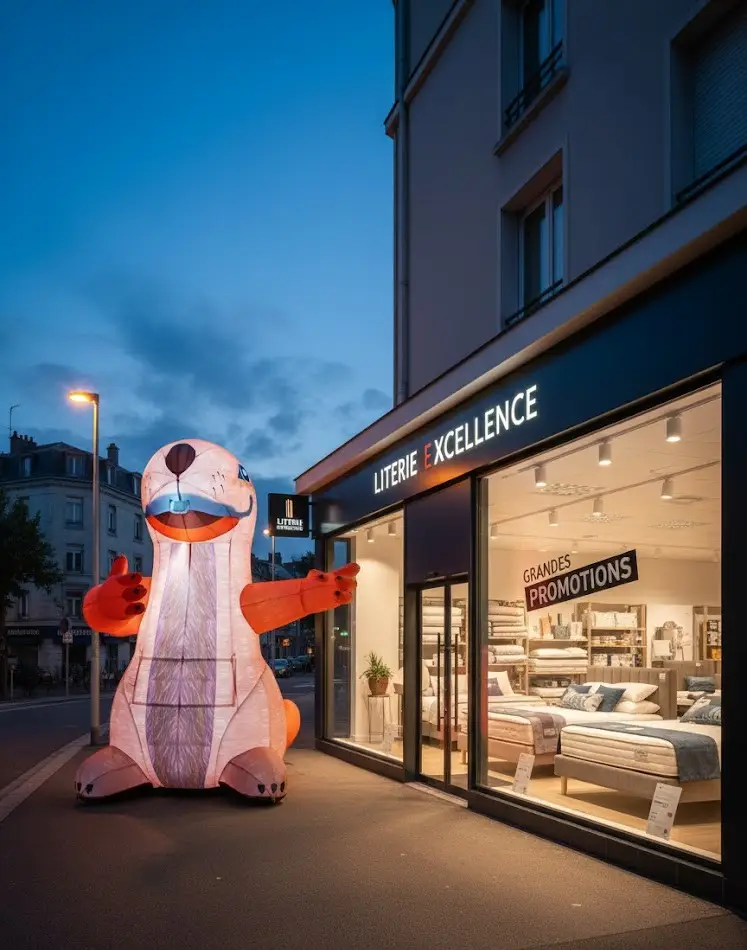 une marmotte gonflable géante de 3m lumineuse devant un magasin de literie